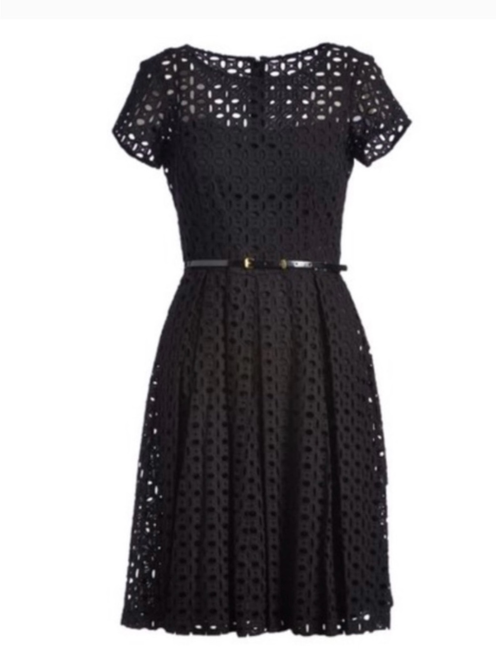 Ellen Tracy Black Eyelet Belted Midi Dress - Size 16